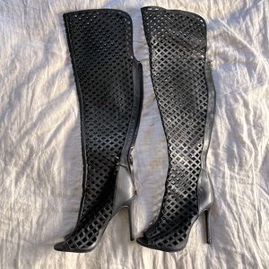 Liliana black peep toe laser cut thigh high boot or knee high with cuff